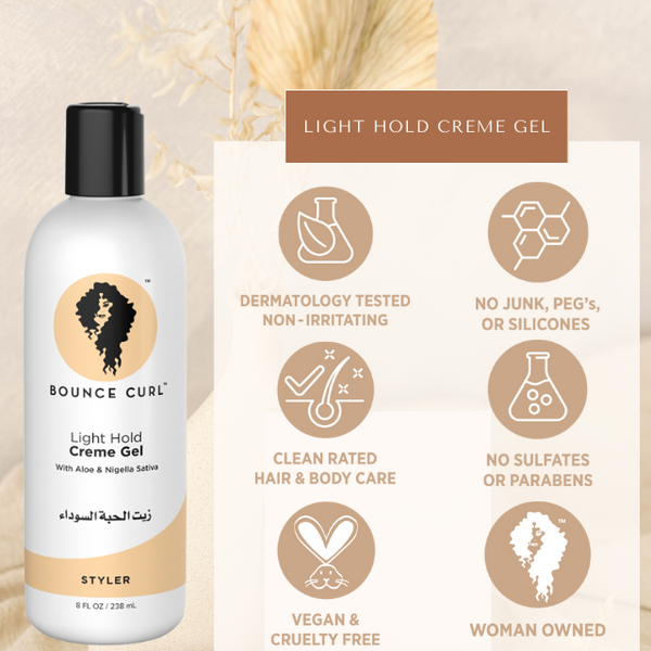 MyCurls.gr-Bounce Curl Light Hold Creme Gel 355ml  https://mycurls.gr/products/light-hold-creme-gel-355ml  Light Hold Creme Gel είναι ένα ελαφρύ τζελ styling με ελαφρύ κράτημα. Που δεν βαραίνει τα μαλλια και θα κλειδώσει το σχήμα της μπούκλας σας για μεγάλο χρονικό διάστημα, μειώνοντας το φριζάρισμα. &nbsp;Ενα από τα μυστικα&nbsp;έλαια που βοηθούν στην υγρασία&nbsp;είναι το&nbsp; black seed oil (μαύρο σπορέλαιο)&nbsp;της Μέ…