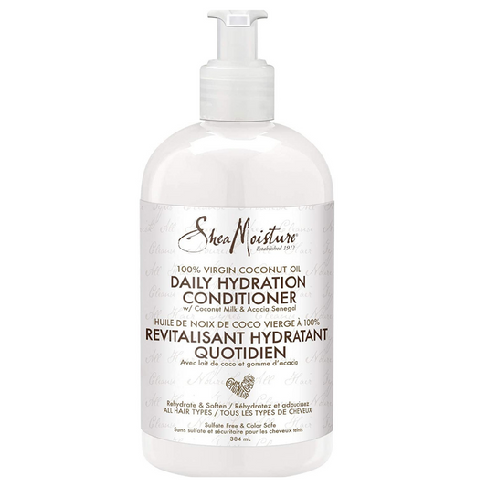 Πείτε αντίο στο Frizz  Shea Moisture 100% Virgin Coconut Oil Daily Hydration Conditioner Εμπλουτισμένο με φυσικά συστατικά, 100% παρθένο λάδι καρύδας, κρεμώδες γάλα καρύδας και πιστοποιημένο βιολογικό βούτυρο καριτέ, αυτός ο συνδυασμός κρατά τα μαλλιά ενυδατωμένα, διασφαλίζει ότι τα μαλλιά παραμένουν καθαρά, απαλά, μαλακά και χωρίς μπερδέματα. mycurls.gr 